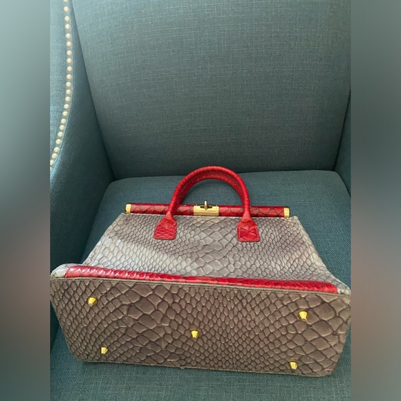 Vintage Pelle Di Giada Made in Italy, animal Print Gray & Red Leather Handbag - Picture 3 of 16